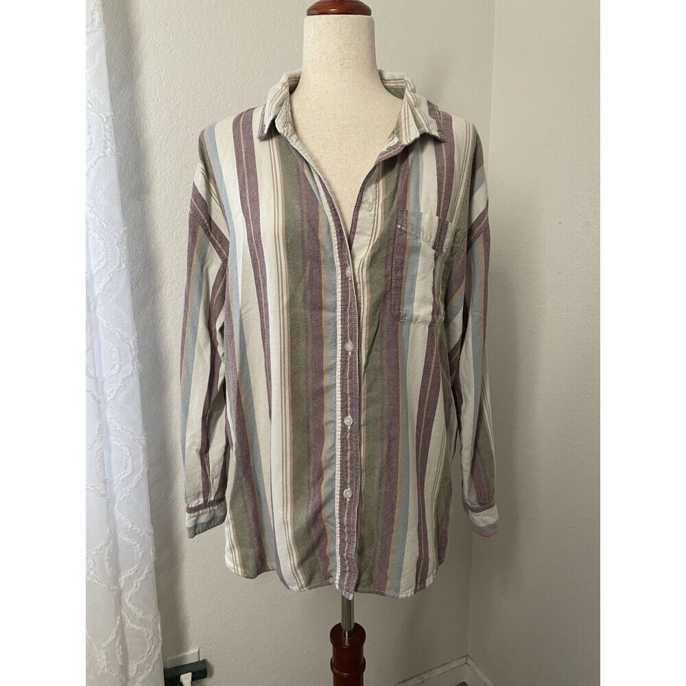 American Eagle Oversize Womens Button Down Striped Shirt L Coastal Boho Viscose